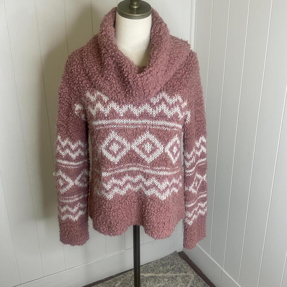 Hippie Rose Cozy Knit Cowl Neck Sweater in Pink and Cream Women's Size M